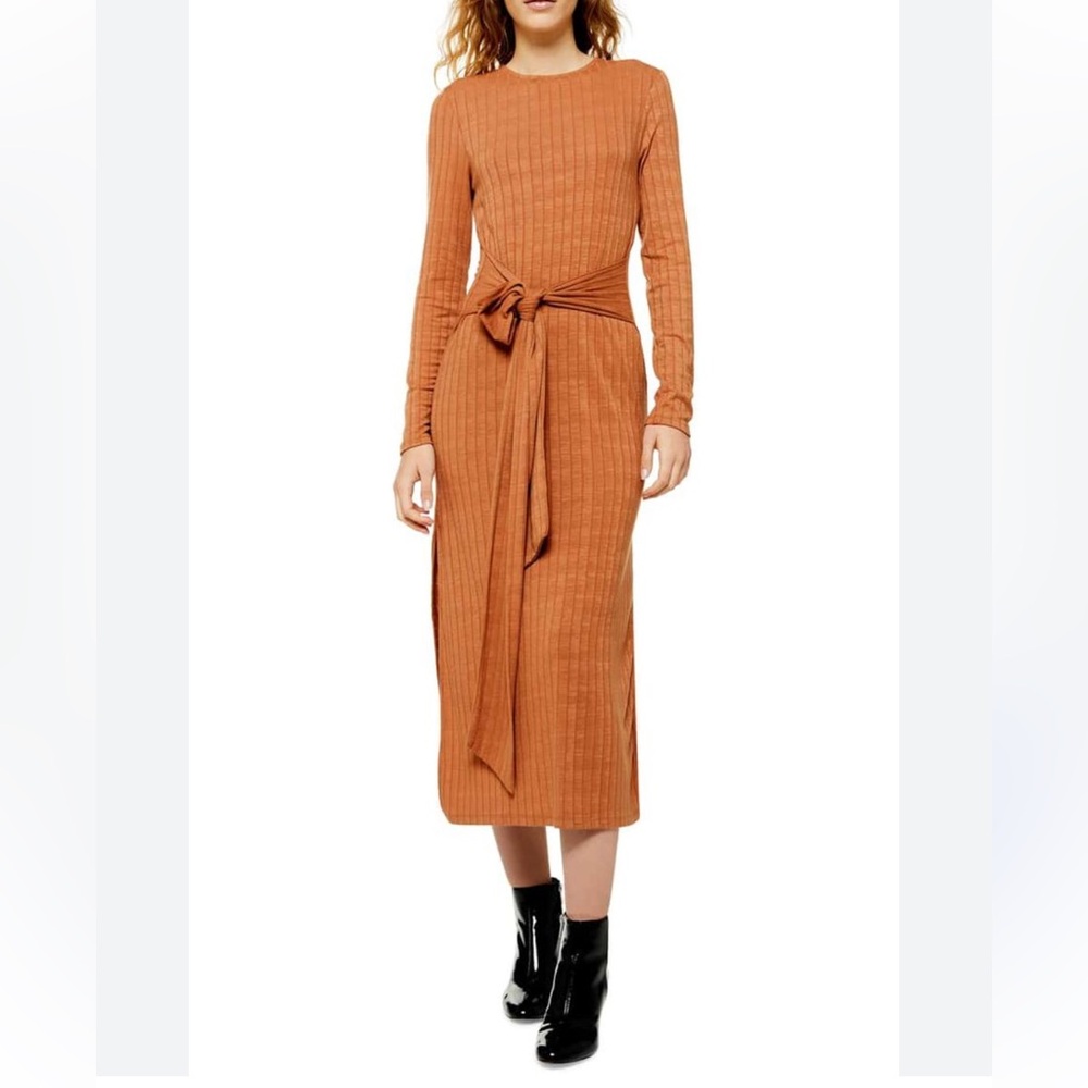 Topshop Tie Waist Long Sleeve Knit Midi Dress size 2
